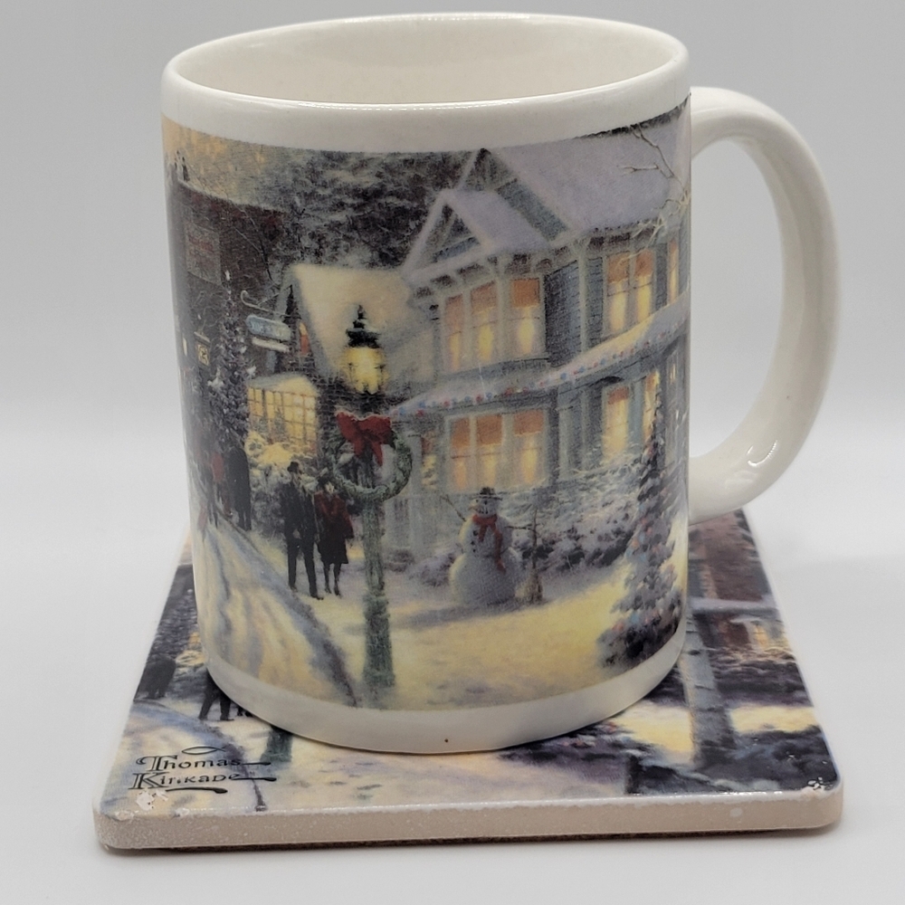 Vintage Thomas Kinkade 2007 Christmas Celebration Ceramic Mug & Coaster